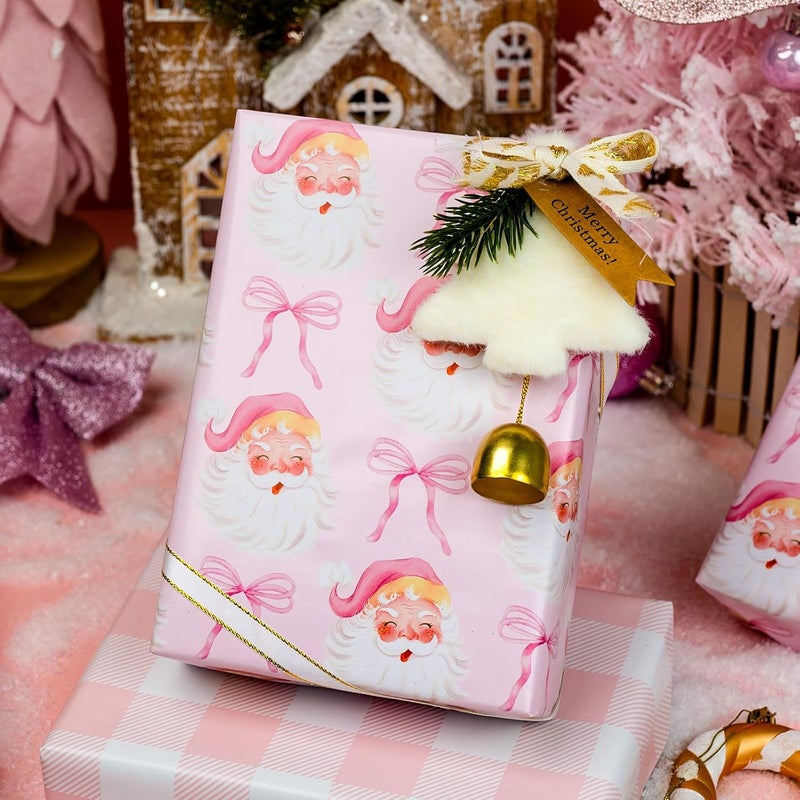 MAYPLUSS Christmas Wrapping Paper Roll - 17 Inch X 33 Feet - Pink Cute Bow Santa Claus Reversible Plaid Gift Wrapping Paper, Thick Wrap Paper for Holiday Party New Year Kids - Image 5